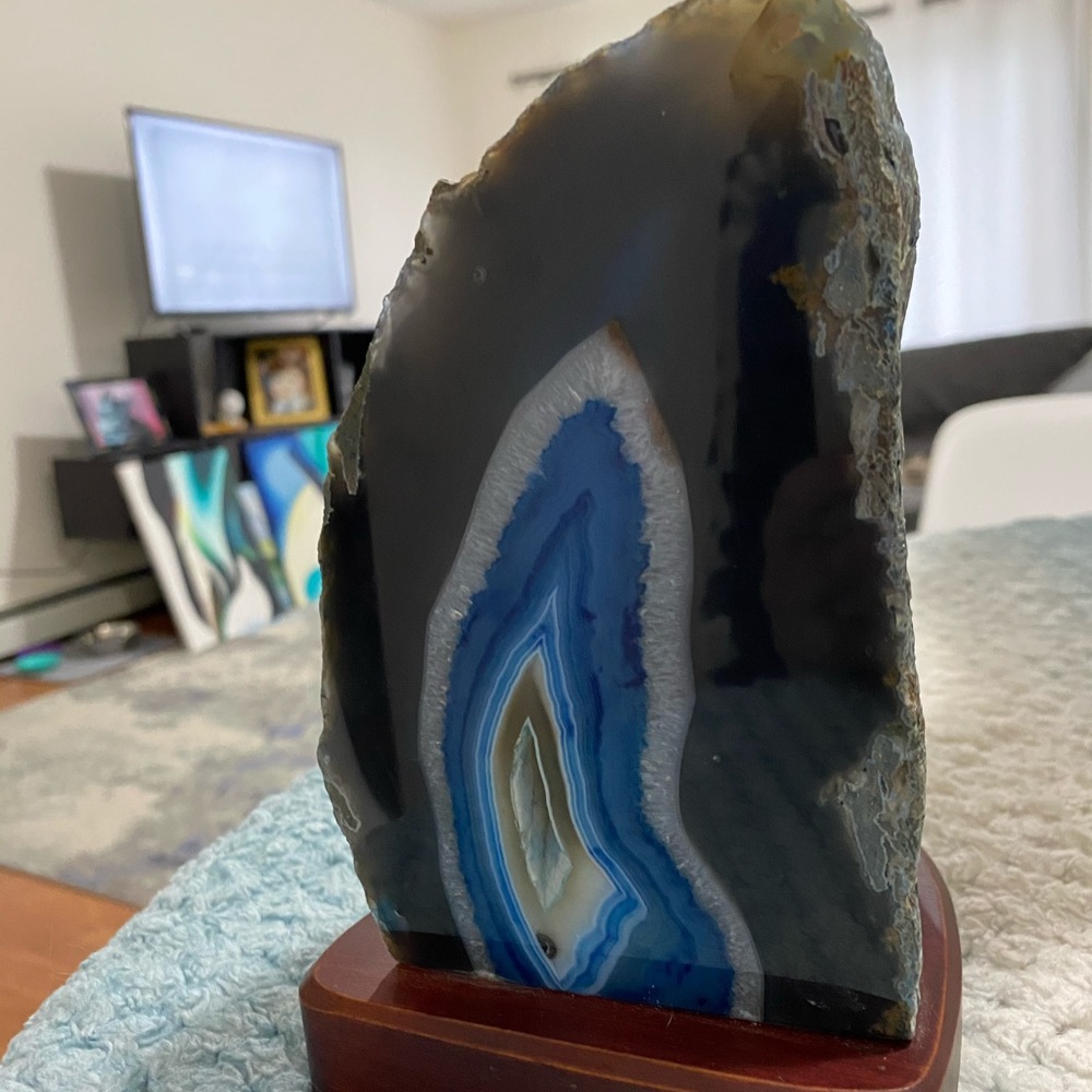 Blue agate rock/ lighting capability wooden base